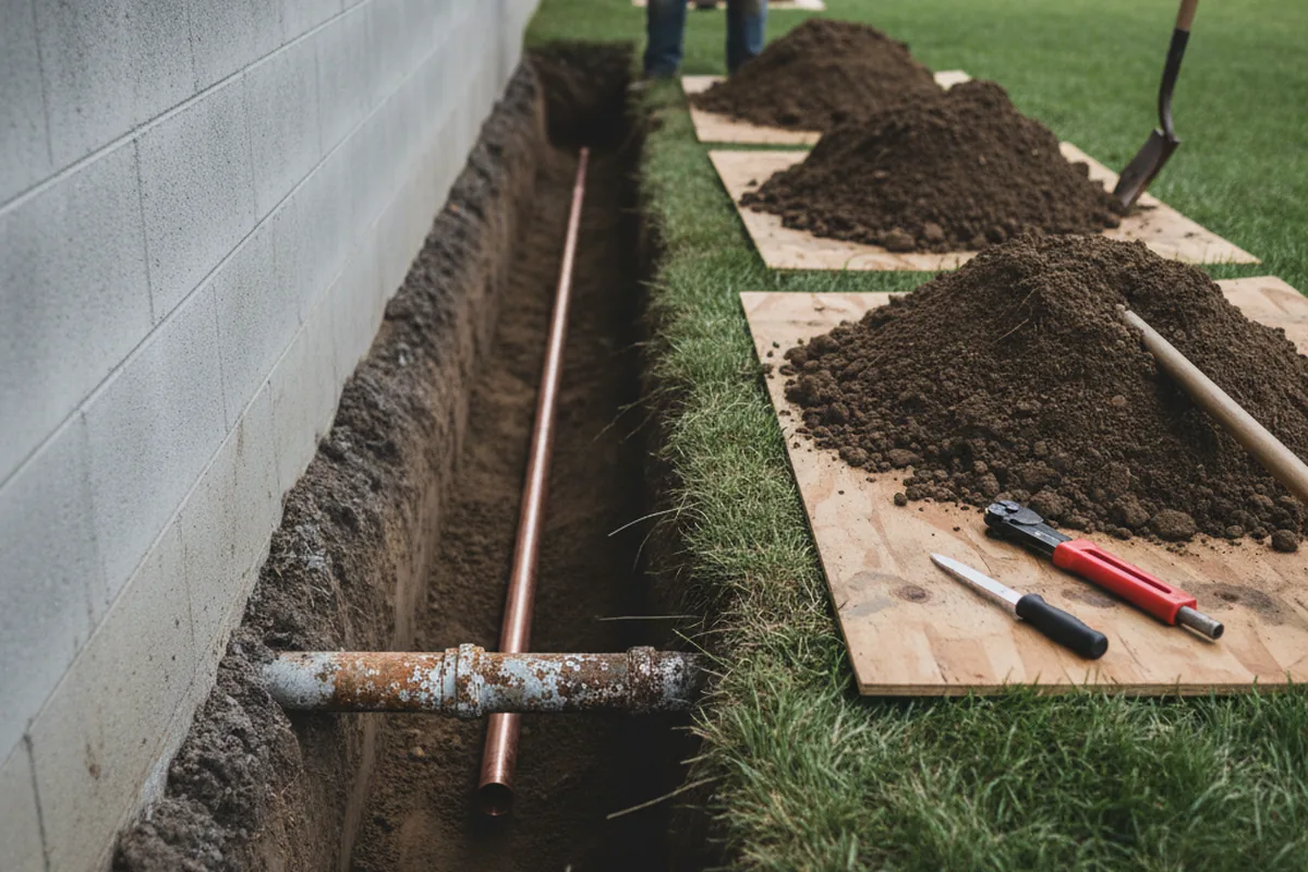 Excavated water line trench during Sewer Line Repair in Beacon